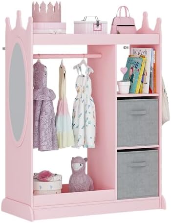 UTEX Kids Armoire Wardrobe Closet with Mirror and Storage Bin, Pink, 33.4 in W x 15.75 in D x 44.5 in H