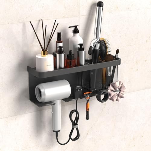 Hair Dryer Holder Wall Mounted Adhesive/Drilling, Hair Dryer Storage Organizer with Shelf & Hooks for Bathroom, Blow Dryer Holder, Hair Tool Organizer (Grey)