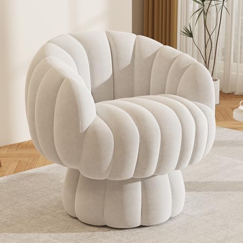 Mid Century Modern 360 Degree Barrel Swivel Accent Sofa Chair,Fluffy Velvet Fabric Lounge Wide Upholstered Pumpkin Reading Chair, Round Cloud Armchair for Living Room,Bedroom,Vanity(Beige)