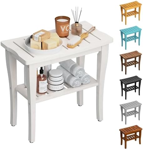 Bamboo Shower Bench Stool with Storage Shelf, Waterproof Shower Chair Spa Bath Seat, Shower Stool for Inside, Bathroom Bench Seat for Adults Elderly Seniors for Indoor or Outdoor Use(White)