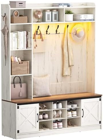 59.8" Hall Tree, LED Farmhouse Entryway Storage and Coat Rack Wood, Entryway Furniture with 7 Hooks, Hall Tree with Bench and Storage, 6 Storages Partitions Shoe Bench, Rustic White HT24814B