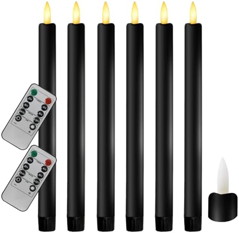 6PCS Flameless Taper Candles with 3D Flickering Flame Battery Operated Candles with 2 Remote with Button Cell Battery 10 Inch Black LED Candlesticks Window Candle for Christmas Home Decor