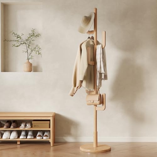 Solid Wood Cactus Coat Rack, Freestanding Coat Rack With 6 L-Shaped Hooks and 3 Adjustable Sizes, Coat Tree for Bedroom, Entryway, Livingroom, Coat Hanger Stand for Coats, Handbags (Natural)