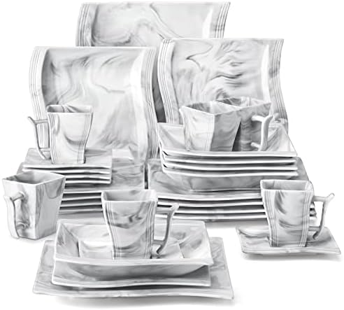 MALACASA Plates and Bowls Sets, 30 Piece Porcelain Dinnerware Sets for 6, Square Dinnerware Set with Dinner Plate, Dessert Plate, Soup Plate, Cup and Saucer, Modern Dish Set, Marble Grey, Series Flora