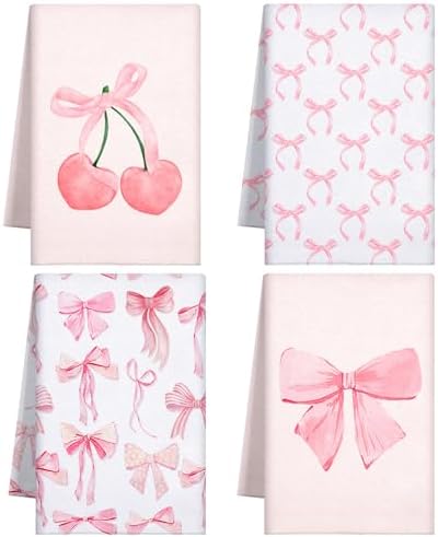 Macarrie 4 Pcs Pink Bow Coquette Kitchen Towels Trendy Cute Pink Hand Towels Coquette Bow Gifts Preppy Microfiber Kitchen supplies for Hostess Housewarming, 18 x 26 in