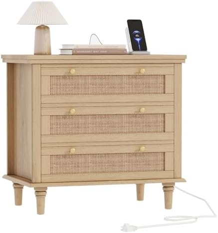 Irontar Rattan Nightstand with Charging Station, 27.6" Wide Bedside Table with 3 Large Drawers, Wooden End Table with Solid Wood Legs for Bedroom, Dorm, Natural BZZ011ME