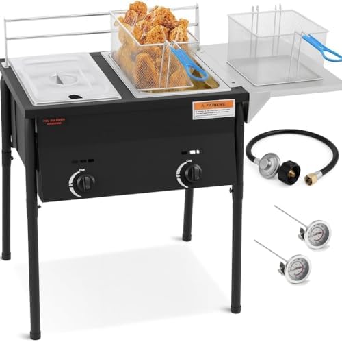 Two Tank Deep Fryer-2 Basket Stainless Steel Propane Cooker-Large Oil Capacity-Fry Fish/Chicken Outdoor-with Thermometer and Regulator