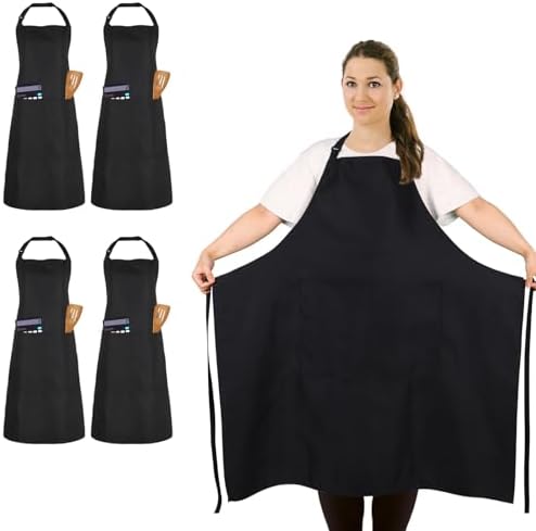 4 Pack Plus Size Chef Aprons, Large Kitchen Apron with 2 Pockets, Adjustable Waterproof Black Apron for Big Men and Women for Cooking, Baking, Cleaning, Gardening, BBQ