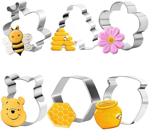 6Pack Bee Cookie Cutters Set, Beehive,Honey Jar,Winnie the Pooh,Flower Shapes Stainless Steel Biscuit Molds for Honey Bee Party Baking Muffins Sandwiches Cake Fondant Birthday Decoration