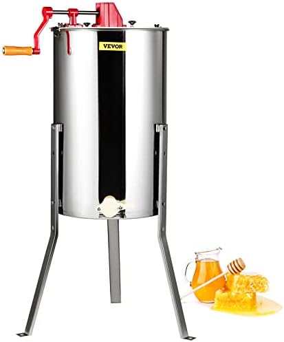 VEVOR 3 Frame Honey Extractor, Stainless Steel Manual Beekeeping Extraction, Honeycomb Drum Spinner with Transparent Lid, Apiary Centrifuge Equipment with Height Adjustable Stand
