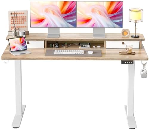 TIQLAB 55 * 24 Inch Standing Desk with Two Drawers, Stand Up Desk Adjustable Height, Electric Sit Stand Table with Storage Shelf and Splice Board, Maple