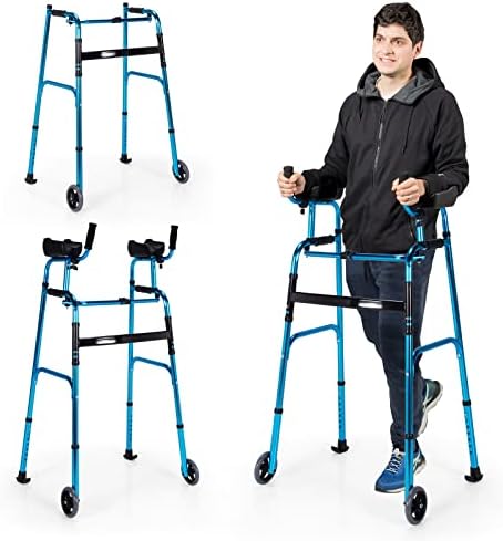 Goplus Walkers for Seniors, Foldable Standard Walker with 5’’ Wheels and Removable Padded Armrests 440lbs, Lightweight Walking Mobility Aid, Folding Platform Walker for Elderly, Handicap, Disabled
