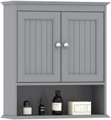 Spirich Bathroom Wall Cabinet, Wall Mounted Medicine Cabinet Organizer, Over The Toilet Storage Cabinet with Doors and Shelves, Gray
