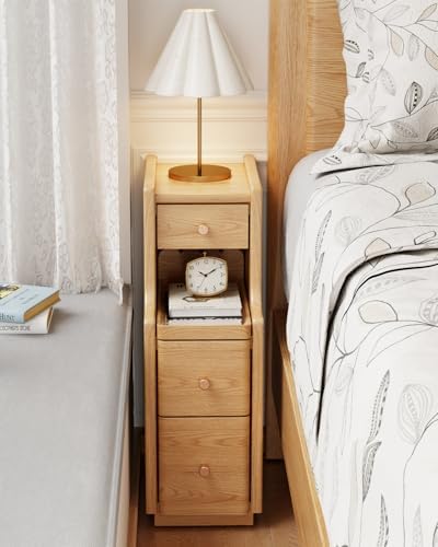 Narrow Nightstand with 3 Drawers,Solid Wood Nrrow Bedside Table Natural, Modern Skinny Nightstand for Bedroom(Fully Assembly)