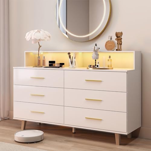 6 Drawers Dresser with LED Light and Power Outlet, Wood White Dressers for Bedroom & Chests of Drawers, Large Double Dressers for Bedroom, Living Room, Entryway, Hallway