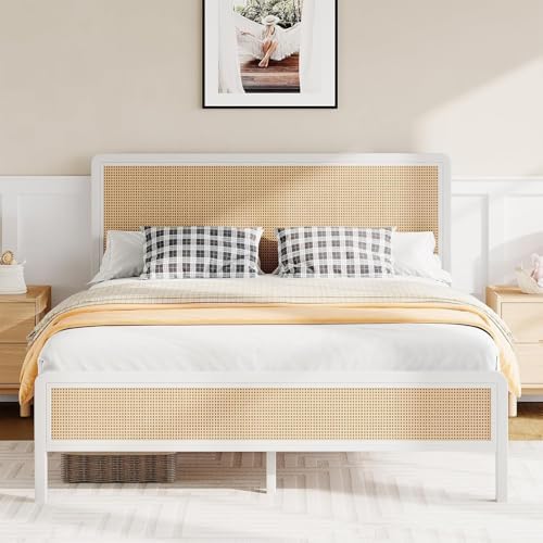 Rattan Bed Frame Queen, Metal Platform Bed Frame Queen Size with Headboard, Boho Queen Bed Frame with Strong Metal Slats Support, No Box Spring Needed, Noise-Free, Easily Assemble, White