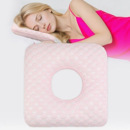 Ear Piercing Pillow for Side Sleepers with Hole for Ear Pain CNH Inflammation, Relief Sleeping Pressure Pain, Cooling and Breath Guard Pillow, Pink