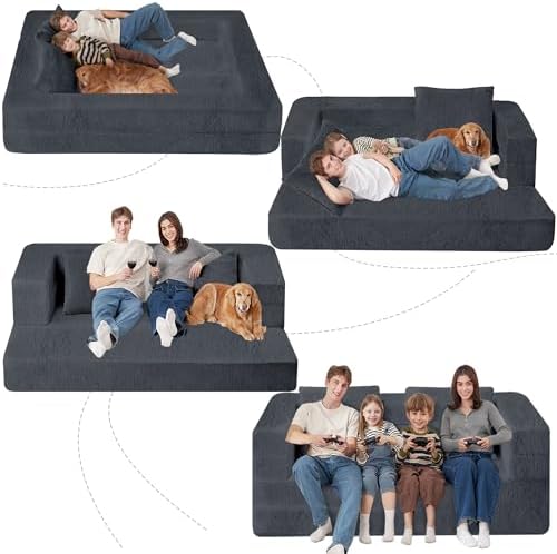 Folding Bean Bag Chair for Adults,3-in-1 Bean Bag Couch Faux Fur Floor Sofa Large Beanbag Convertible Bean Bag Sofa Bed with Pillow in Bedroom,Living Room,Apartment(Queen,Dark Grey)