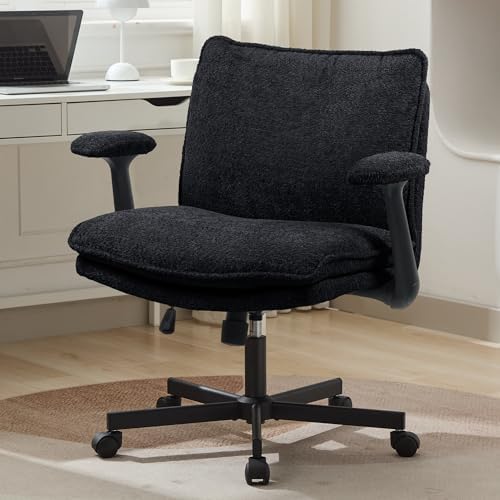 Criss Cross Legged Office Chair with Wheels and Flip-Up Arms, Upholstered Criss Cross Desk Chair, Wide Seat Chairs for Home Office, Vanity, Apartment, Black