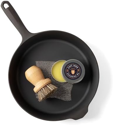 Field Cast Iron Starter Set -10.25 Inch Cast Iron Skillet with Cleaning Kit: Natural Fiber Brush, Chain Mail Scrubber & Organic Seasoning Oil – Lightweight, Preseasoned, Made in USA, Vintage Design