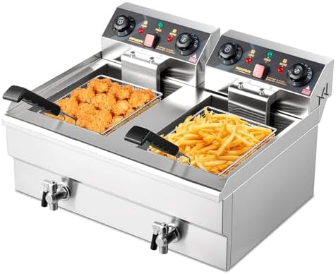 ROVSUN 24.9QT Electric Deep Fryer with Baskets, Timer Drains & Lids, 3400W Commercial Deep Fryer, Dual Tank Kitchen Countertop Frying Machine, Adjustable Temperature for Home Restaurant