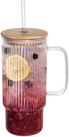 32oz Ribbed Glass Cup with Handle Bamboo Lid and Straw, Glass Tumbler, Iced Coffee Cups Hot/Cold Drinks