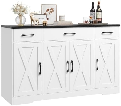 HOSTACK Buffet Sideboard Cabinet with Drawers, 55" Large Buffet Storage Cabinet with Shelves and Doors, Modern Farmhouse Coffee Bar Station Wood Kitchen Table for Kitchen, Dining Room, White/Black