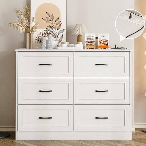 Fameill Dresser for Bedroom, 6 Drawer Wide Dresser Organizer with Charging Station for Hallway with Metal Handles, Woodgrain White