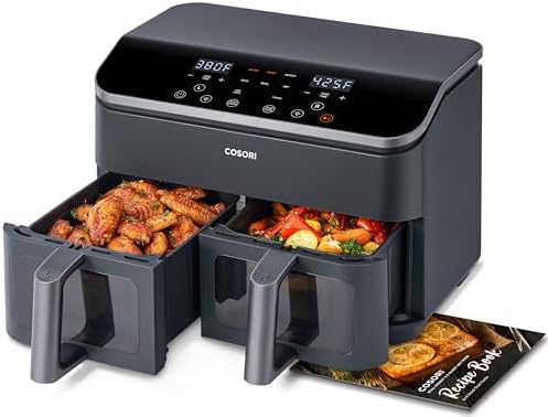 COSORI 9Qt 10-in-1 Dual Air Fryer, Fresh Balanced Meals for Family and Children with Double Baskets, Sync Cook & Finish to Bake, Roast, Reheat, Broil & 130 Recipes for Easy Cooking, Dishwasher Safe