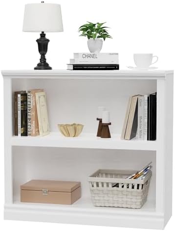 blini 2-Shelf White Bookcase Wooden Bookshelves 33in Wide Floor Standing Display Storage Shelves Low Bookcase for Home Office, Living Room, Bed Room