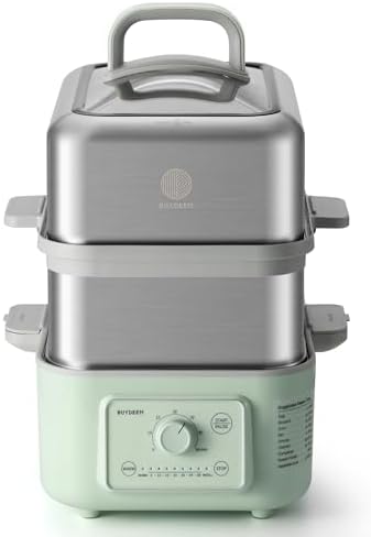 BUYDEEM G52 10.6 Quart 2-Tier Electric Food Steamer for 4-8 Servings, Vegetable Steamer for Cooking, 2-hour Keep Warm, 7 Preset Timings, Dual Boil-Dry Protection, Stainless Steel, Cozy Greenish