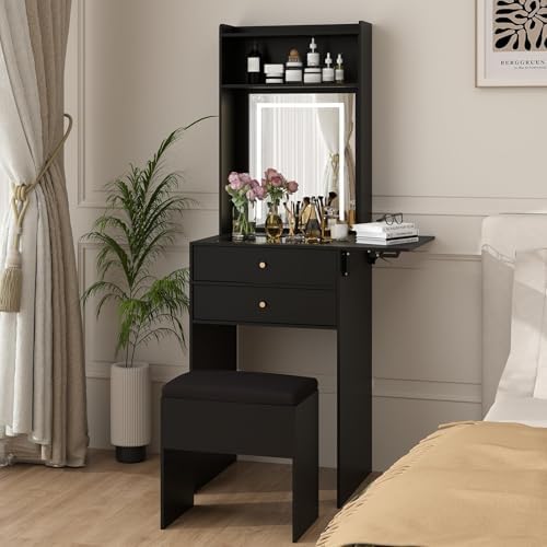 ARTETHYS Small Vanity Desk Set with 3 Adjustable Lighted Mirror and Storage Chair Mini Black Makeup Vanities Set for Bedroom Compact Make up Dressing Table with Fold-up Panel for Tiny Space