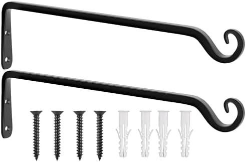 Gtongoko 2 Pack 15 Inch Plant Hangers Outdoor Metal Hanging Plant Bracket Bird Feeder Wall Hooks for Hanging Flower Basket, Wind Chimes, Solar Lanterns, Black