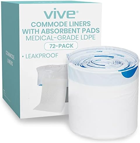 Vive Commode Liners with Absorbent Pads - Portable Toilet Bedside Chair Replacement Bags - Disposable Porta Potty Liners for Bariatric Standard Arm 3 in 1 Folding Buckets - Leakproof (72 Pack)