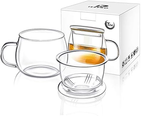 Lezero 13oz Tea Infuser Cups Kits, Glass Mugs with Filter Basket and Lid for Loose leaf Tea Brewing, Heat Resistant, Lead-free, Microwave & Dishwasher Safe