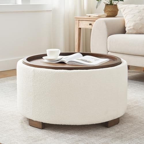 30 Inch Round Storage Ottoman Coffee Table, Modern Boucle Ottoman with Lift-Off Lid and Solid Wood Legs for Living Room, Bedroom, Corners, Apartments (Beige)