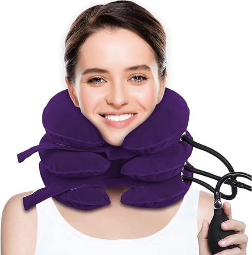 Cervical Traction Device for Neck Pain Relief, Adjustable Inflatable Neck Stretcher Neck Brace, Neck Traction Device for Use Neck Decompression and Neck Tension Relief (Purple)