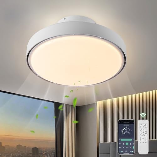 Low Profile Ceiling Fan with Light,18.9" Bladeless Flush Mount Ceiling Fan with Remote,6 Speeds,Reversible,Dimmable Modern Enclosed Ceiling Fans for Bedroom Living Room,White