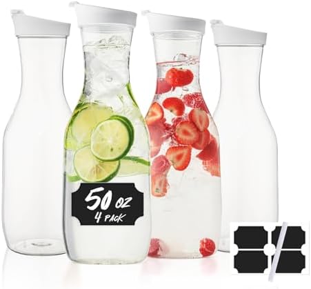Water Carafe with Lid, 50 Oz Round Plastic Pitcher for Drinks, Milk, Mimosa Bar Supplies, Iced Tea, Juice Containers with Lids for Fridge, BPA-Free, NOT DISHWASHER SAFE, 4 Pack