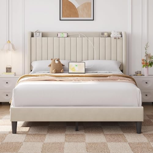 Yaheetech Queen Bed Frame with USB Charging Station and Storage Shelf/Upholstered Headboard Platform Bed with Wing Side/Wooden Slats Support/Noise Free/No Box Spring Needed/Easy Assembly, Beige