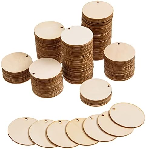 200 Pieces Unfinished Wood Circles with Holes 2 Inch Wood Circles for Crafts Small Round Wooden Discs Wood Blanks Round Cutouts Ornaments Slices for DIY Art Crafts Christmas Thanksgiving Decorations