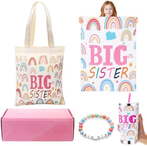 4 Pcs Big Sister Gifts for Girls,20oz Stainless Steel Mug Vacuum Insulated Tumbler with Leak Proof Lid and Silicone Straw,Big Sister Blanket and Bracelet with Canvas Tote Bag for Little Girls
