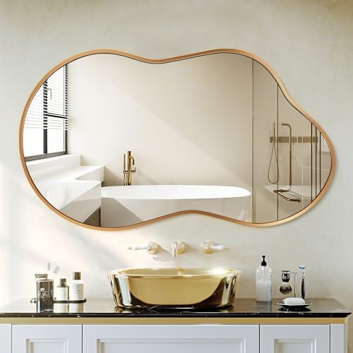 Irregular Wall Mirror - Wall Mirrors Decorative 24"x36" Gold Asymmetrical Mirror Tempered Glass Aviation Aluminum Alloy Frame for Bathroom, Bedroom, Living Room, Cloakroom, Entryway