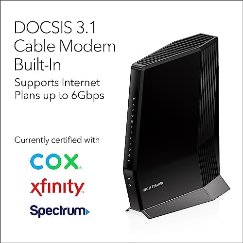 NETGEAR Nighthawk Cable Modem with Built-in WiFi 6 Router (CAX80) - Compatible All Major Providers incl. Xfinity, Spectrum, Cox | Plans Up to 6Gbps AX6000 speed DOCSIS 3.1, Black