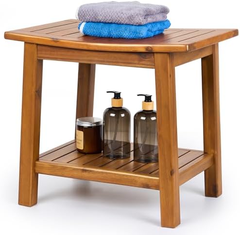 Teak Shower Bench, 20" Solid Wood Shower Stool Waterproof Shower Seat with Storage Shelf for Bathroom, Indoor & Outdoor Use