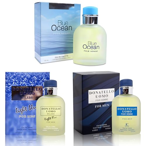 3Pack Men Colognes Combo Set Donatello Uomo&Blue Ocean&Donatello Light Blue 3.4 Fl Oz Each Eau De Parfume Spray with Woody Floral & Fruity Scent Perfume Gift Set Day to Night Use Fragrances