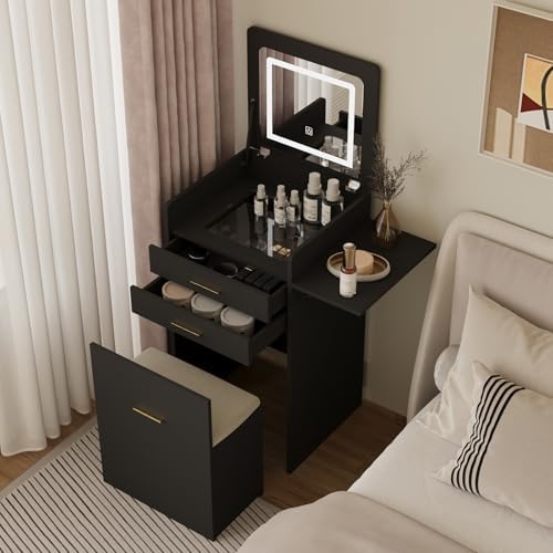 ARTETHYS Small Vanity Desk Set with Flip-top Mirror and Lights Black Integrated 3 in 1 Makeup Vanities Set for Tiny Space Compact Mini Dressing Table with Fold-up Panel and Storage Chair for Bedroom