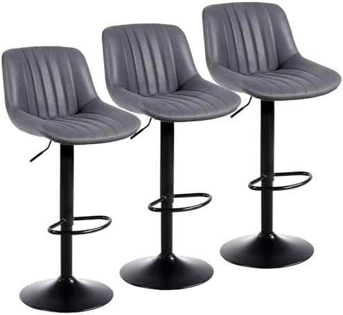 Youhauchair Bar Stools Set of 3, Swivel Counter Height Barstools with Back, Adjustable PU Leather Bar Chairs, Modern Armless Kitchen Island Stool, Dark Grey
