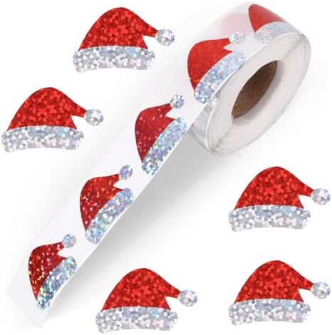 500pcs Santa Hat Stickers, Glitter Christmas Hat Stickers Roll Self-Adhesive for Xmas Envelopes Cards Gifts Party Decorations Holiday Supplies