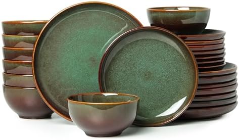 24 Piece Dinnerware Sets for 8, Modern Stoneware Plates and Bowls Setst, Perfect for Family Gatherings & Holiday Celebrations, Easy Cleaning Dishes Set, Stack Compactly Dishware, Brown Green
